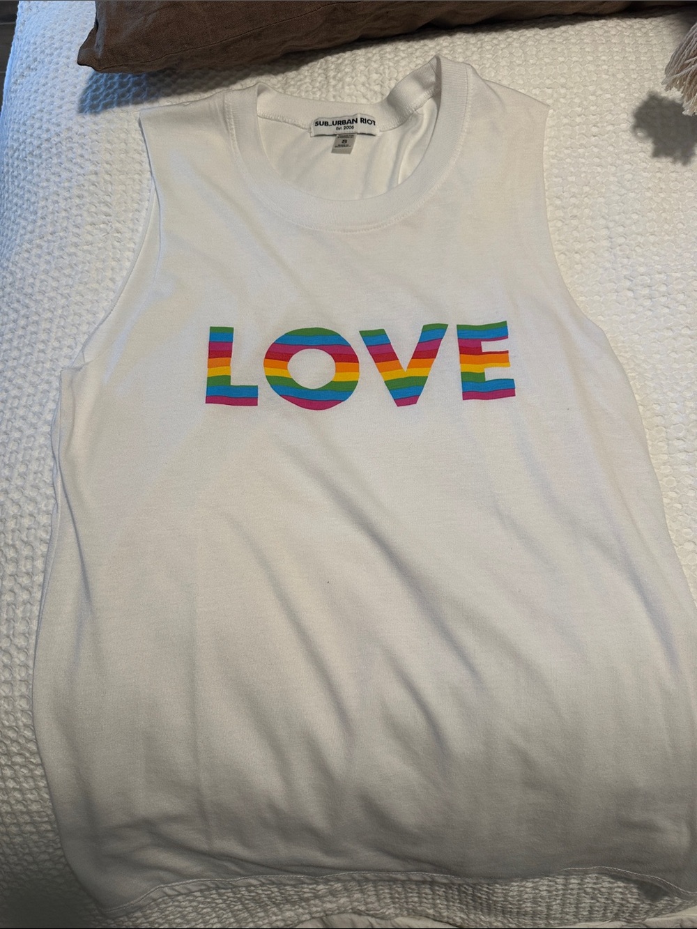 Sub_Urban Riot White Tank Top with Rainbow 'LOVE' Graphic